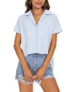 MINTLIMIT Bluse Damen Knopfleiste V-Ausschnitt Hemd Elegant Tunika Tops Kurzarm Oberteile (Himmelblau S) von MINTLIMIT