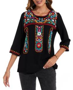 MINTLIMIT Bluse Damen Shirt Bohemian Stickerei Folklore Tops Boho Hippie Kurzarm Lose Oberteil (Schwarz M) von MINTLIMIT