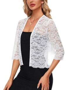 MINTLIMIT Bolero Damen Spitze Offene Vorne Strickjacke 3/4 Ärmel Cardigan Sommer Boleroshrug (Weiß M) von MINTLIMIT