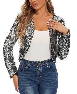 MINTLIMIT Cardigan Damen Kurz Langarm Bolero Pailletten Open Front Strickbolero Dünne Elegant (Silvery XL) von MINTLIMIT