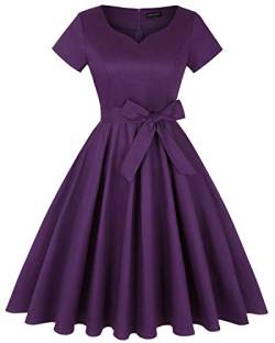 MINTLIMIT Damen 1950s Halloween Retro Kleider Vintage A-Linie Kurze Ärmels Cocktail Schwingen Partykleider (Einfarbig Purple,Größe XL) von MINTLIMIT