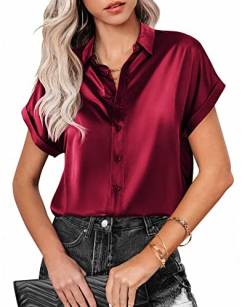 MINTLIMIT Damen 2023 Satin Seide Button Down Shirts Roll Kurzarm V-Ausschnitt Kragen Sommer Casual Büro Arbeit Hemd, 482#Wine Red, Small von MINTLIMIT