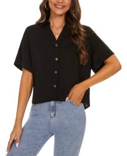 MINTLIMIT Damen Bluse Button Down V-Ausschnitt Hemden Elegant Tunika Tops Oberteile Crop Shirts (Schwarz M) von MINTLIMIT