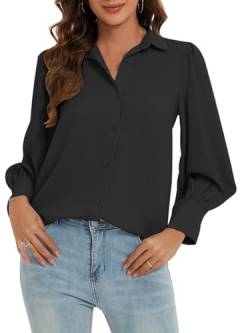 MINTLIMIT Damen Bluse Elegant Chiffon Tunika Langarm Casual Hemd Button Down V-Ausschnitt (Schwarz XXL) von MINTLIMIT