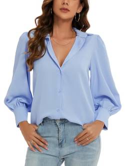 MINTLIMIT Damen Bluse Sommer Chiffon Hemd Langarm Casual Button Down V-Ausschnitt Tunika Tops (Blau XL) von MINTLIMIT