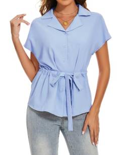 MINTLIMIT Damen Chiffon Hemd mit Gürtel Hemd Beiläufig Kurzarm Oberteile Button Down Tops Lose (Pink L) von MINTLIMIT