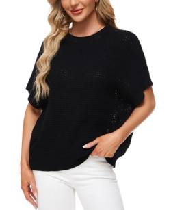 MINTLIMIT Damen Grobstrickpullover Kurzarm Knit Pullover Mock Neck Sweater Lose Casual Tops Jumper Strickpulli (Schwarz XXL) von MINTLIMIT