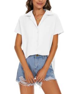 MINTLIMIT Damen Hemd Button Down Kurzarm Bluse Elegant Tunika Tops V Ausschnitt Shirt (Weiß L) von MINTLIMIT