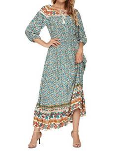 MINTLIMIT Damen Langarm Kleider Blumendruck Retro Baumwolle V-Ausschnitt Quaste Casual Bohemian Boho Vintage Midi-Kleid von MINTLIMIT