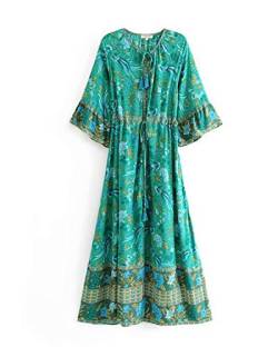 MINTLIMIT Damen Langarm Kleider Blumendruck Retro Baumwolle V-Ausschnitt Quaste Casual Bohemian Boho Vintage Midi-Kleid von MINTLIMIT