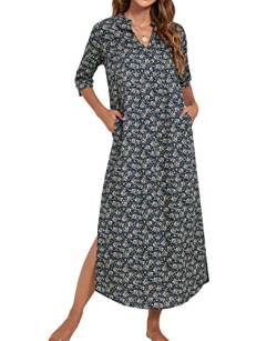 MINTLIMIT Damen Nachthemd Baumwolle Nachtwäsche Lang V-Ausschnitt Sleepshirt mit Taschen Karierte,Marineblaue Basis mit Blumenmuster,S von MINTLIMIT