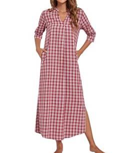 MINTLIMIT Damen Nachthemd Baumwolle Nachtwäsche Lang V-Ausschnitt Sleepshirt mit Taschen Karierte,Rot Weiss,S von MINTLIMIT