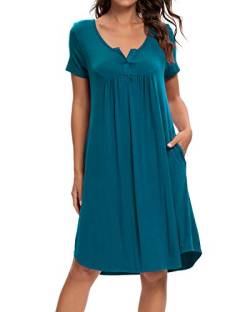 MINTLIMIT Damen Nachthemd Kurzarm Henley V-Ausschnitt Sleep Tee Nachtwäsche Schlafanzug, L, Blau von MINTLIMIT