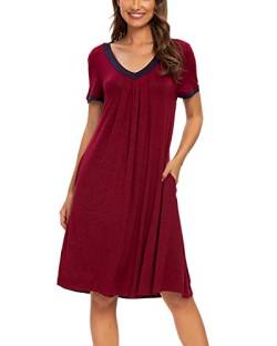 MINTLIMIT Damen Nachthemd Kurzarm V-Ausschnitt Sleep Tee Nachtwäsche Schlafanzug (Weinrot,Größe XL) von MINTLIMIT