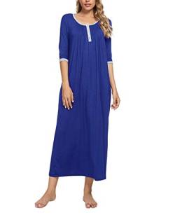 MINTLIMIT Damen Nachthemd Lang Nachtwäsche Kurzarm Nachtkleid Sleepshirt Henley Blau 42 44 von MINTLIMIT