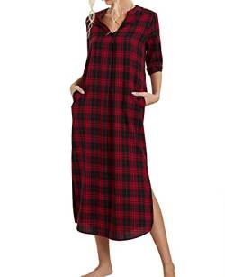 MINTLIMIT Damen Nachthemd Nachtkleid Baumwolle Lässige Sleepshirt mit Taschen Nachtkleid Still,Rot,L von MINTLIMIT
