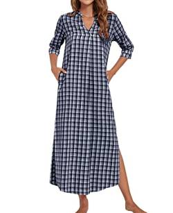 MINTLIMIT Damen Nachthemd Nachtkleid Karierte Baumwolle Lässige Sleepshirt mit Taschen Nachtkleid Still,Blau Weiss,L von MINTLIMIT