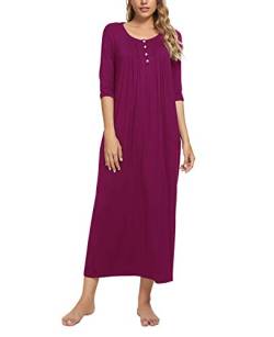 MINTLIMIT Damen Nachthemd Nachtwäsche 3/4 Ärmel Nachtkleid Sleepshirt Henley Knöpfen Rundhals mit Taschen,Fuchsie,M von MINTLIMIT