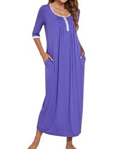 MINTLIMIT Damen Nachthemd Nachtwäsche 3/4 Ärmel Nachtkleid Sleepshirt Henley Knöpfen Rundhals mit Taschen,Mittellila,L von MINTLIMIT