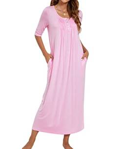 MINTLIMIT Damen Nachthemd Nachtwäsche 3/4 Ärmel Nachtkleid Sleepshirt Henley Knöpfen Rundhals mit Taschen,Rosa,M von MINTLIMIT