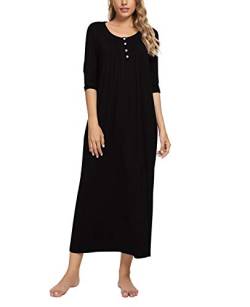 MINTLIMIT Damen Nachthemd Nachtwäsche 3/4 Ärmel Nachtkleid Sleepshirt Henley Knöpfen Rundhals mit Taschen,Schwarz 2,42 44 von MINTLIMIT