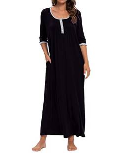 MINTLIMIT Damen Nachthemd Nachtwäsche Nachtkleid 3/4 Ärmel Henley Rundhals Lässige Schlafhemd Sleepshirt (Schwarz,Größe XL) von MINTLIMIT