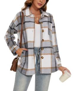 MINTLIMIT Damen Oversized Flanell Plaid Shacket Jacke Flap Pocket Lapel Button Down Shirt Jacken (Grau L) von MINTLIMIT