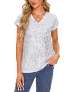 MINTLIMIT Damen Pailletten V-Ausschnitt Bluse T-Shirt Kurzarm Tops Casual Glitzer Oberteile (silbrig S) von MINTLIMIT
