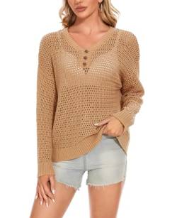 MINTLIMIT Damen Pullover Elegant Hollow Out Crochet Gestrickte Strickpullover Langarm Sommer Sweater (Braun M) von MINTLIMIT