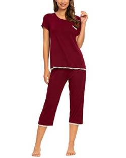 MINTLIMIT Damen Pyjama Kurz Zweiteilige Schlafanzug Sleepwear Sets Sleepshirt Nachtwäsche (Weinrot,Größe L) von MINTLIMIT