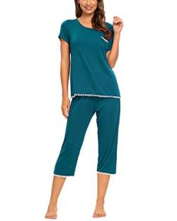 MINTLIMIT Damen Pyjama Schlafanzug Kurz Nachtw鋝che Nachthemd Hausanzug Kurzarm mit Caprihose (Teal Blue,Gr鲞e L) von MINTLIMIT