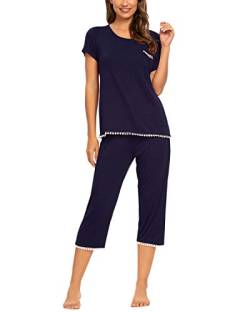 MINTLIMIT Damen Pyjama Shorty Schlafanzug Kurz Süß Shirt Kurzarm Caprihose für Sommer Frauen (Navy Blau,Größe S) von MINTLIMIT