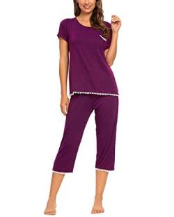 MINTLIMIT Damen Schlafanzug Kurz Sommer Pyjama Nachtwäsche Kurzarm Rundausschnitt Zweiteiliger (Purple,Größe L) von MINTLIMIT