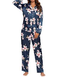 MINTLIMIT Damen Schlafanzug Lang Satin Revers Knopfleiste Weich Hausanzug Lang/Kurzarm Tops & Hosen Nachtwäsche Ladies Pyjama Set Loungewear für Herbst Winter,Blau(M) von MINTLIMIT