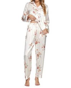 MINTLIMIT Damen Schlafanzug Lang Satin Spitze Nachtwäsche Weich Hausanzug 3/4 Lang Ärmel Tops & Hosen Ladies Pyjama Set Loungewear von MINTLIMIT