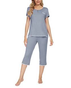 MINTLIMIT Damen Schlafanzug Sommer Pyjama Kurze Ärmel Caprihose Nachtwäsche Hausanzug Sleepwear,Deep Grey(B),L von MINTLIMIT