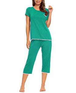 MINTLIMIT Damen Schlafanzug Sommer Pyjama Kurze Ärmel Caprihose Nachtwäsche Hausanzug Sleepwear,Grün,50 von MINTLIMIT