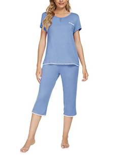 MINTLIMIT Damen Schlafanzug Sommer Pyjama Kurze Ärmel Caprihose Nachtwäsche Hausanzug Sleepwear,Light Blue(B),L von MINTLIMIT