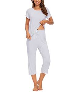 MINTLIMIT Damen Schlafanzug Sommer Pyjama Kurze Ärmel Caprihose Nachtwäsche Hausanzug Sleepwear,Light Grey(B),XL von MINTLIMIT