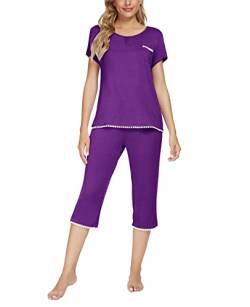 MINTLIMIT Damen Schlafanzug Sommer Pyjama Kurze Ärmel Caprihose Nachtwäsche Hausanzug Sleepwear,Purple(B),L von MINTLIMIT