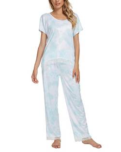 MINTLIMIT Damen Schlafanzug V-Ausschnitt Kurzarm Shirt Sleepwear Pyjama Set Hausanzug Nachtwäsche Negligee Tie Dye-2 XL von MINTLIMIT