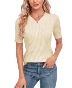 MINTLIMIT Damen Sommer Strickshirt Kurzarm V-Knopf Ausschnitt Pullover Bluse Pullover Pullover, 56 - Aprikose, M von MINTLIMIT