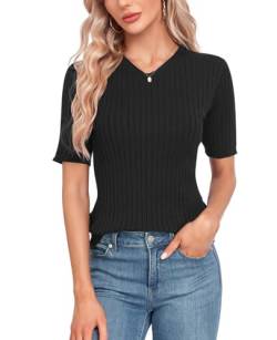 MINTLIMIT Damen Sommer Strickshirt Kurzarm V-Knopf Ausschnitt Pullover Bluse Pullover Pullover, 56-schwarz, M von MINTLIMIT