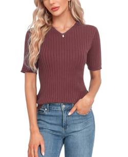 MINTLIMIT Damen Sommer Strickshirt Kurzarm V-Knopf Ausschnitt Pullover Bluse Pullover Pullover, 56 - ziegelrot, M von MINTLIMIT