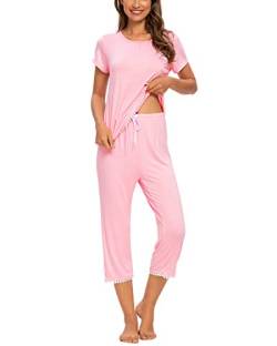 MINTLIMIT Damen T-Shirt Nachtwäsche Pyjama Sommer Schlafanzug Nachtwäsche Rundhals (Pink,Größe XXL) von MINTLIMIT