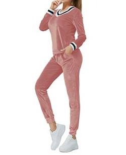 MINTLIMIT Damen Trainingsanzug Velours Hausanzug Nicki Jogginganzug Zweiteiler Samt Schlafanzug Lang Streifen Sportanzug Sweatsuits Flanell Oberteil und Hose mit Taschen von MINTLIMIT