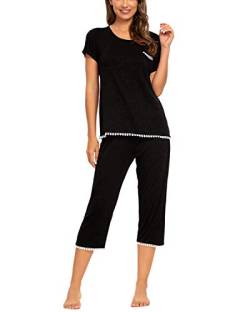 MINTLIMIT Schlafanzug Damen Kurz Sommer Pyjama Hausanzug Rund Ausschnitt Sleepshirt Zweiteiliger (Schwarz,Größe M) von MINTLIMIT