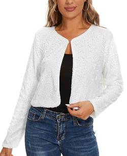 MINTLIMIT Strickbolero Damen Offene Pailletten Cardigan Metallic Langarm Bolero Elegant (Weiß S) von MINTLIMIT