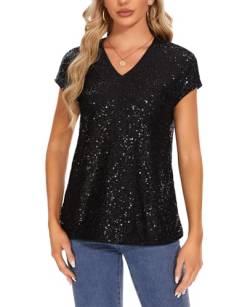 MINTLIMIT T Shirt Damen V Ausschnitt Pailletten Glitzer Tops Kurzarm Bluse Cap Ärmel Casual (Schwarz S) von MINTLIMIT