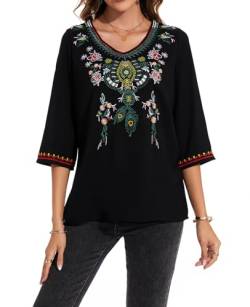 MINTLIMIT Tunika Damen Kurzarm Tops V-Ausschnitt Oberteil Bohemian Stickerei T-Shirt Lose (Schwarz XL) von MINTLIMIT